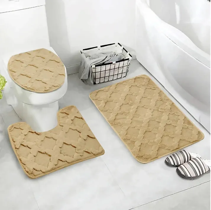 3 PCs Anti Skid Commode Mat Set(328)-Zig Zag Biege