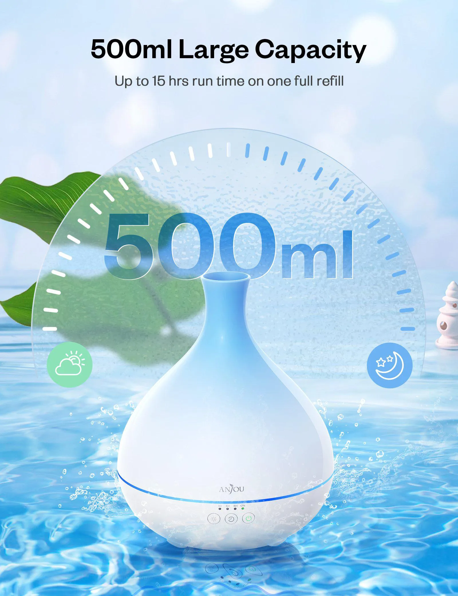 Anjou Essential Oil Diffuser AD012,500ml Cool Mist Humidifier,One Fill for 12hrs Consistent Scent & Aromatherapy