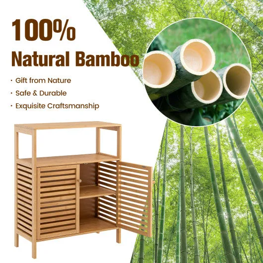 Bamboo Bathroom Floor Storage Cabinet with Shutter Doors-Natural