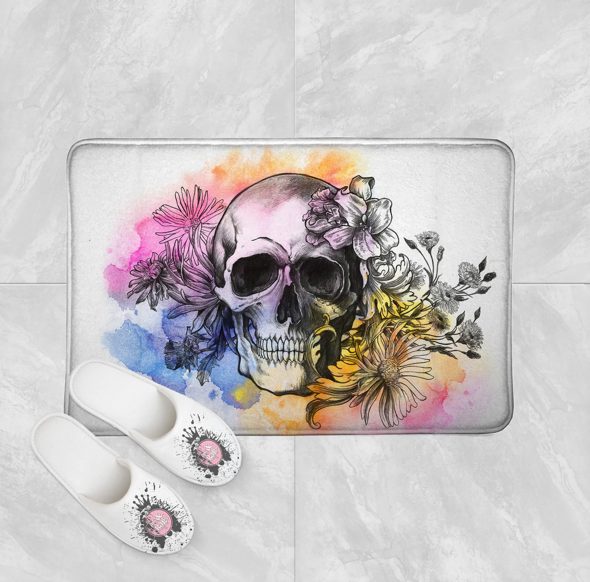 Black Sketch Watercolor Skull Shower Curtains and Optional Bath Mats