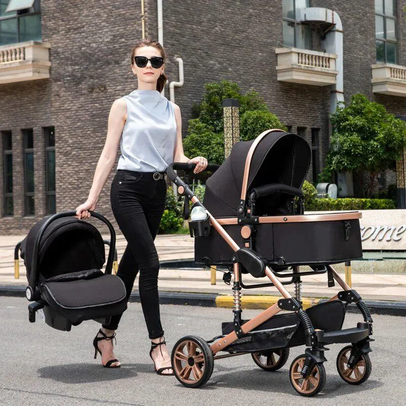 Black/Gold 3-in-1 Baby Stroller Luxury