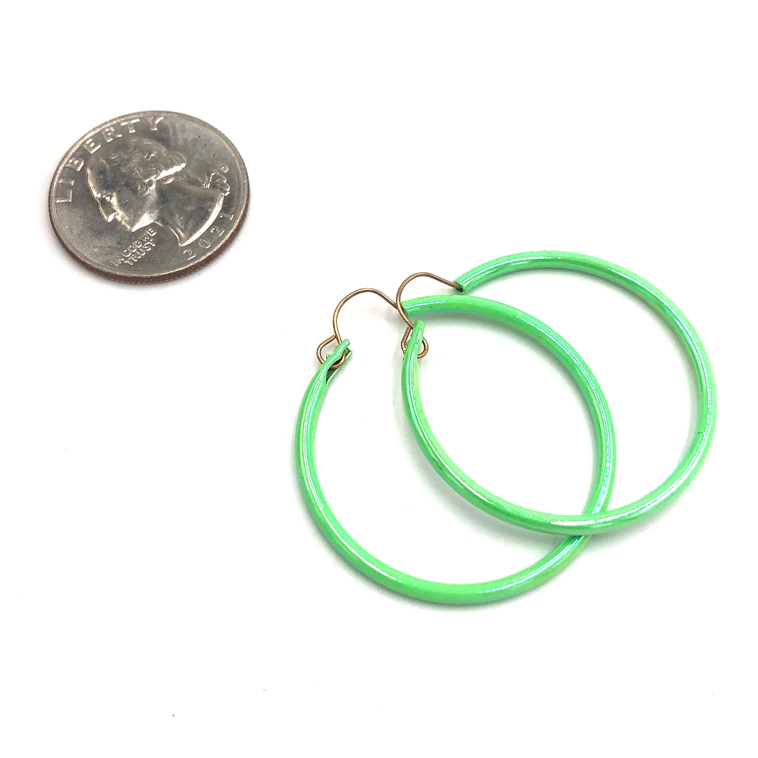 Bright Green Luster Skinny Vintage Enamel Hoop Earrings