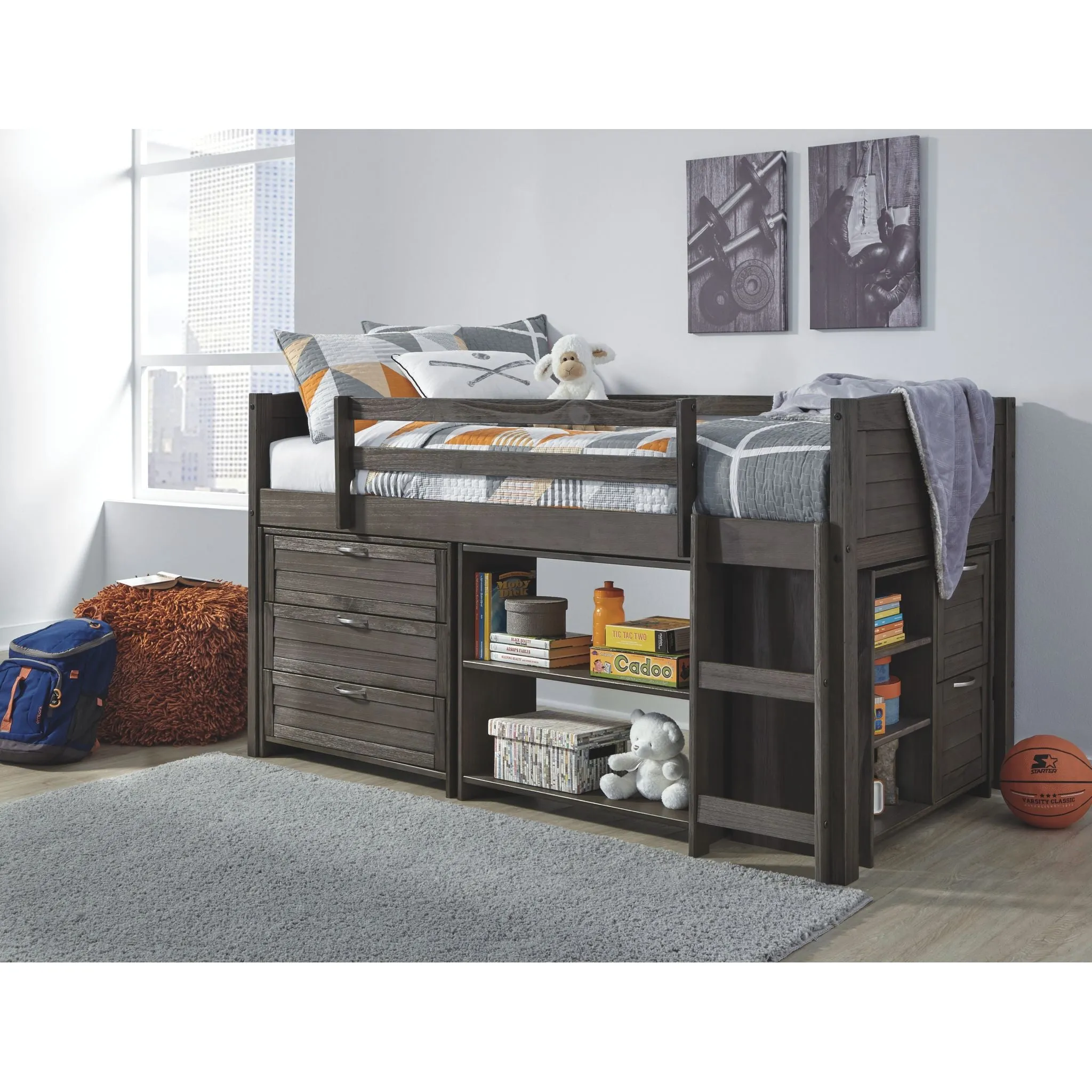 Caitbrook Loft Bed w/Bin & Drawer Storage