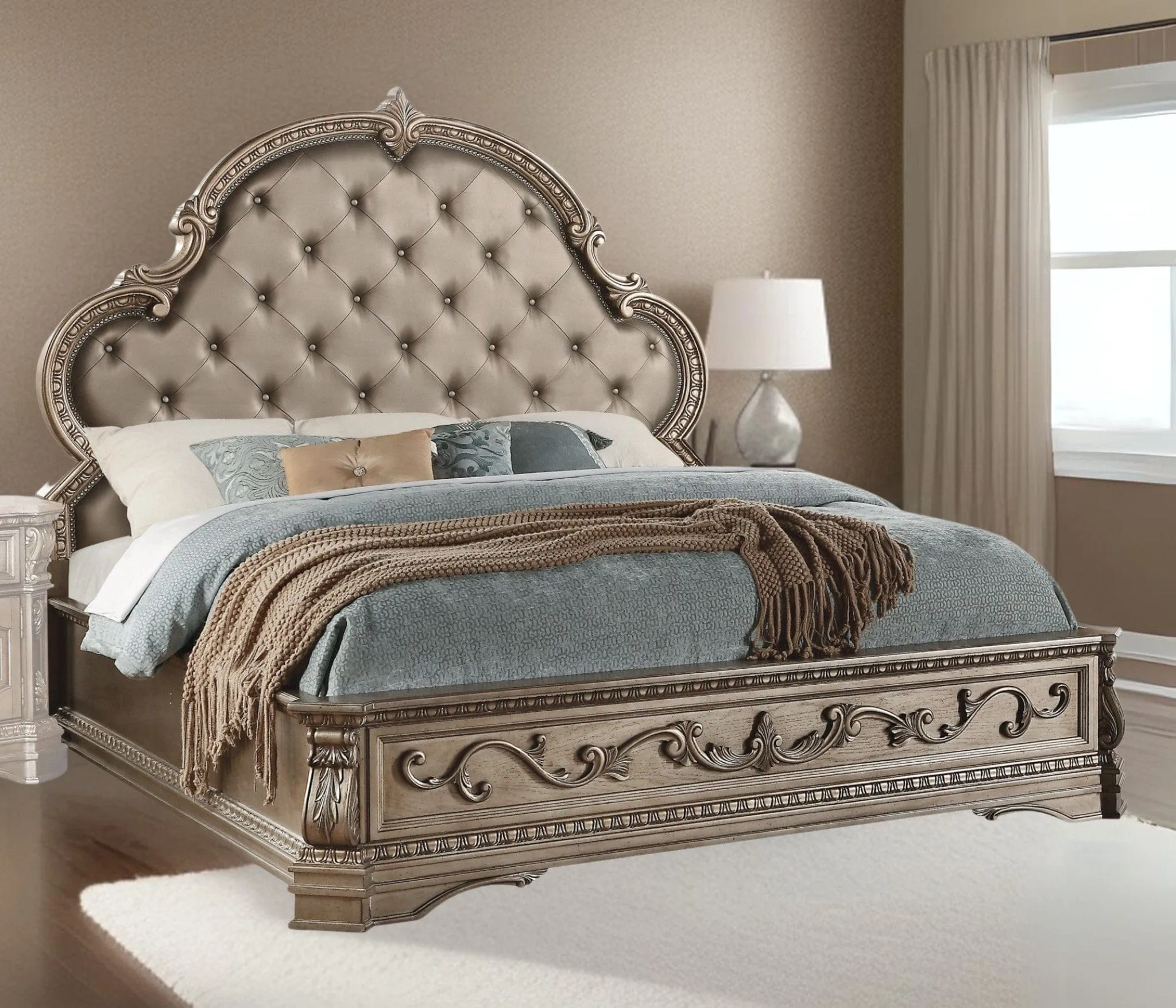 Champagne Solid Wood King Tufted Upholstered Faux Leather Bed Frame with Nailhead Trim