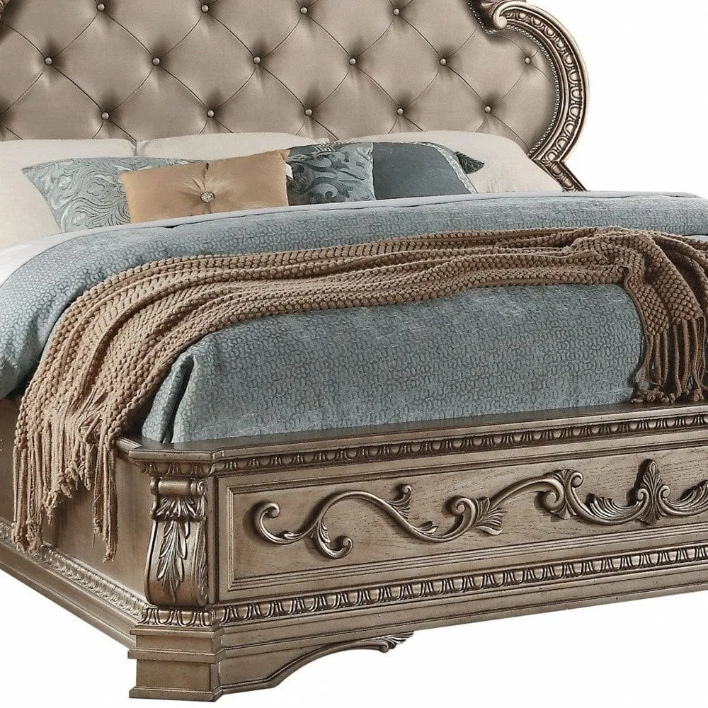 Champagne Solid Wood King Tufted Upholstered Faux Leather Bed Frame with Nailhead Trim