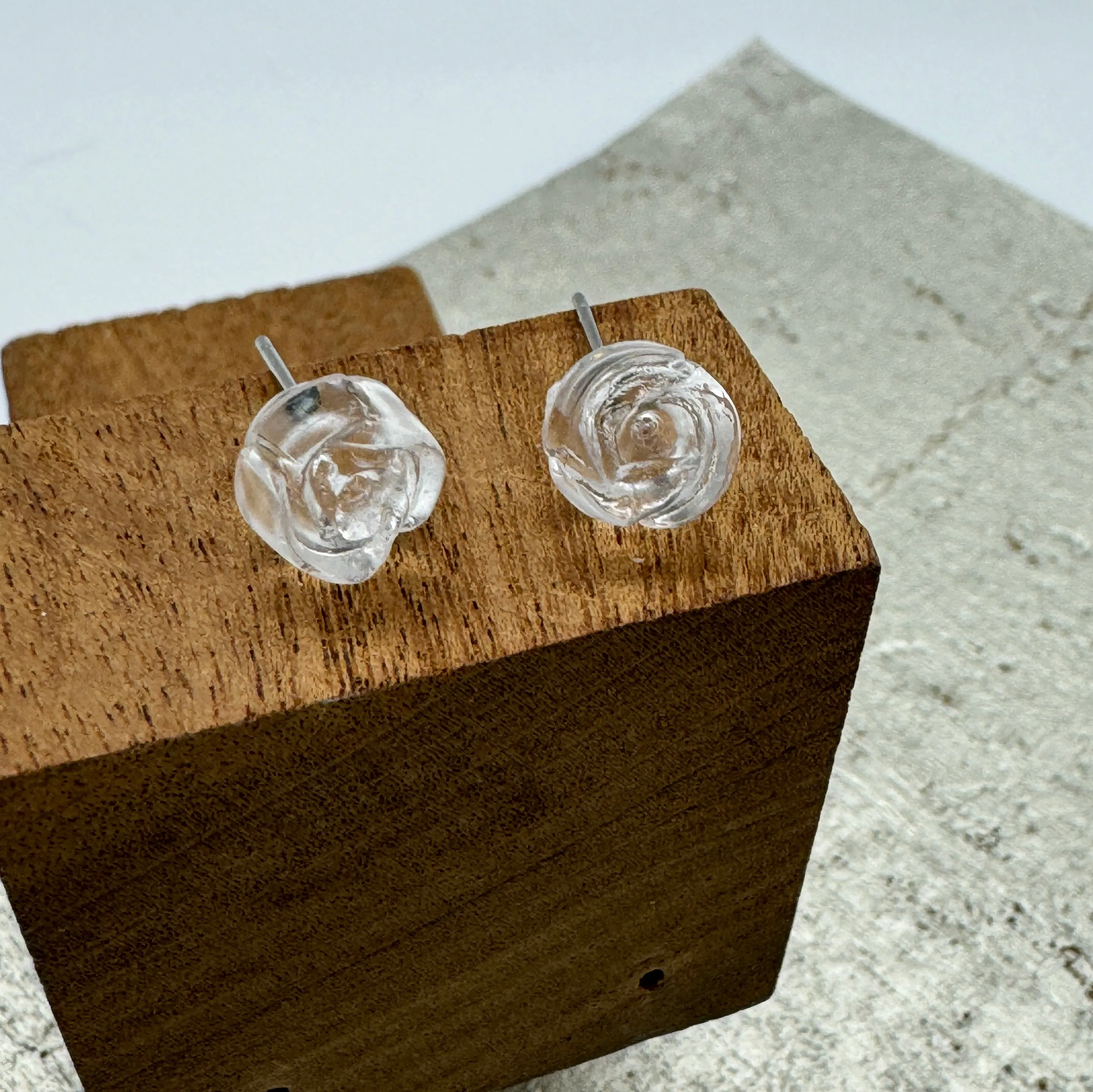 Clear Carved Lucite Rose Stud Earrings