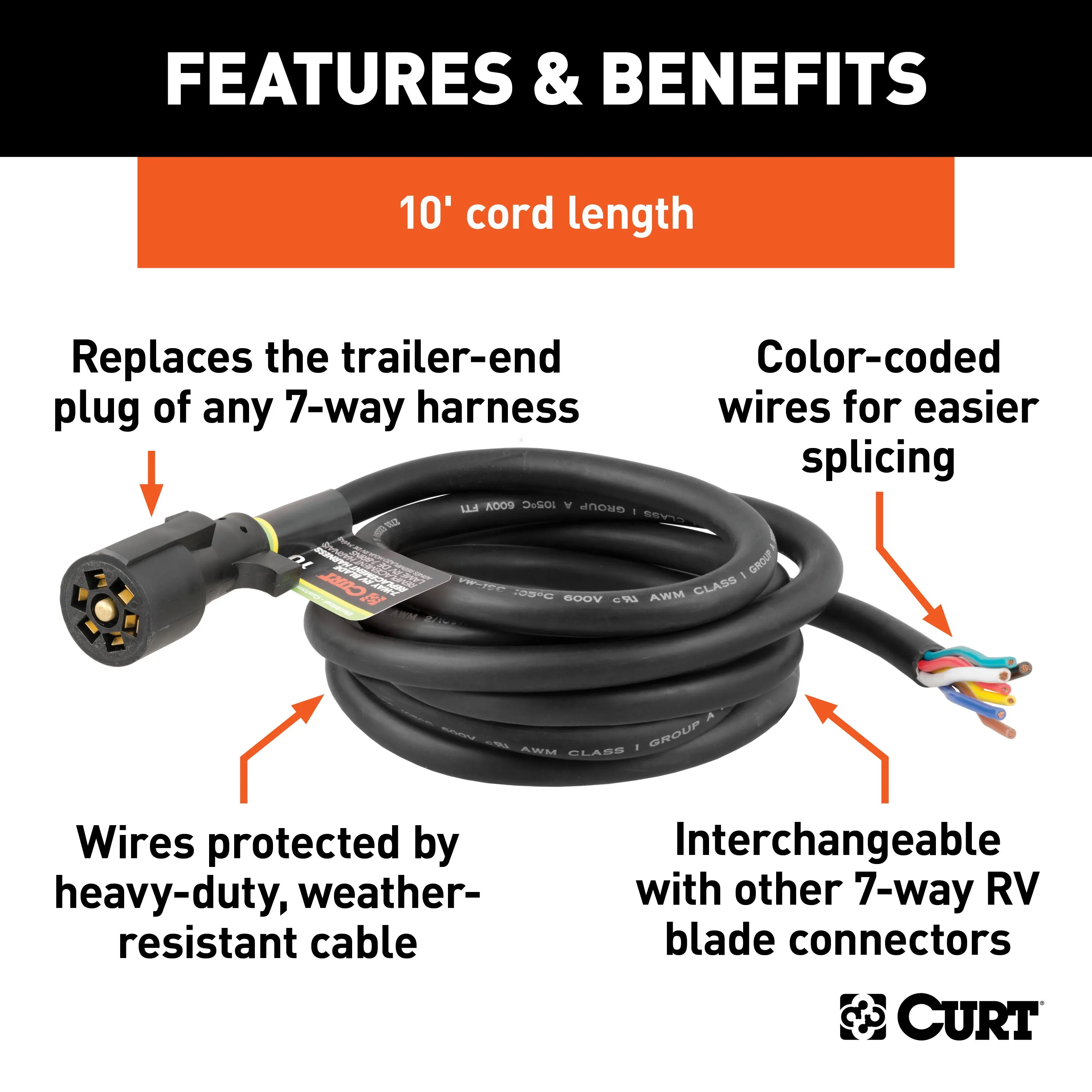 CURT 56623 Replacement 7-Way RV Blade with 10ft. Wires (Trailer Side; Packaged)