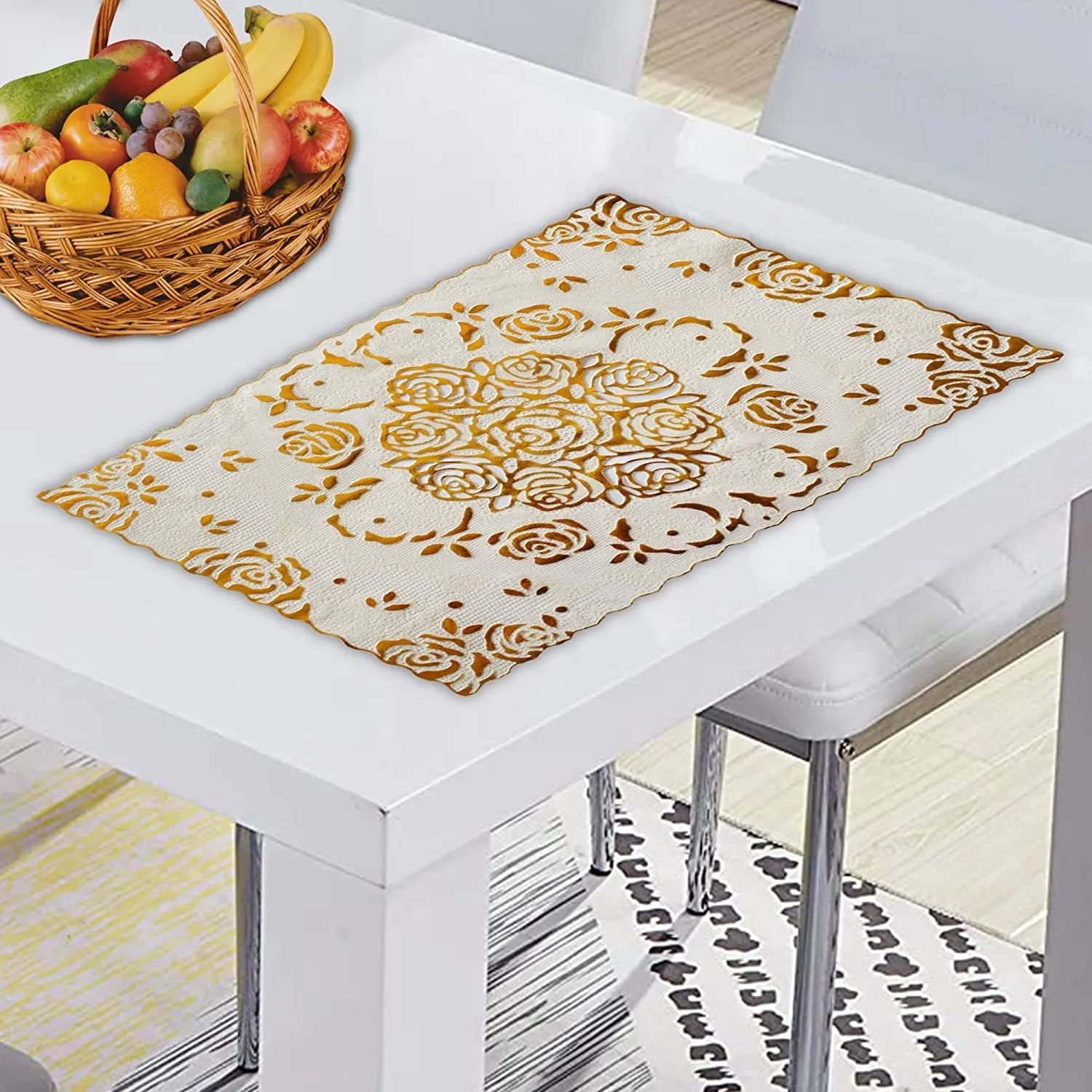 Heart Home Floral Design Virgin Viny Soft Fabric 6 Pieces Dining Table Placemat Set (Cream) (HEART0629)