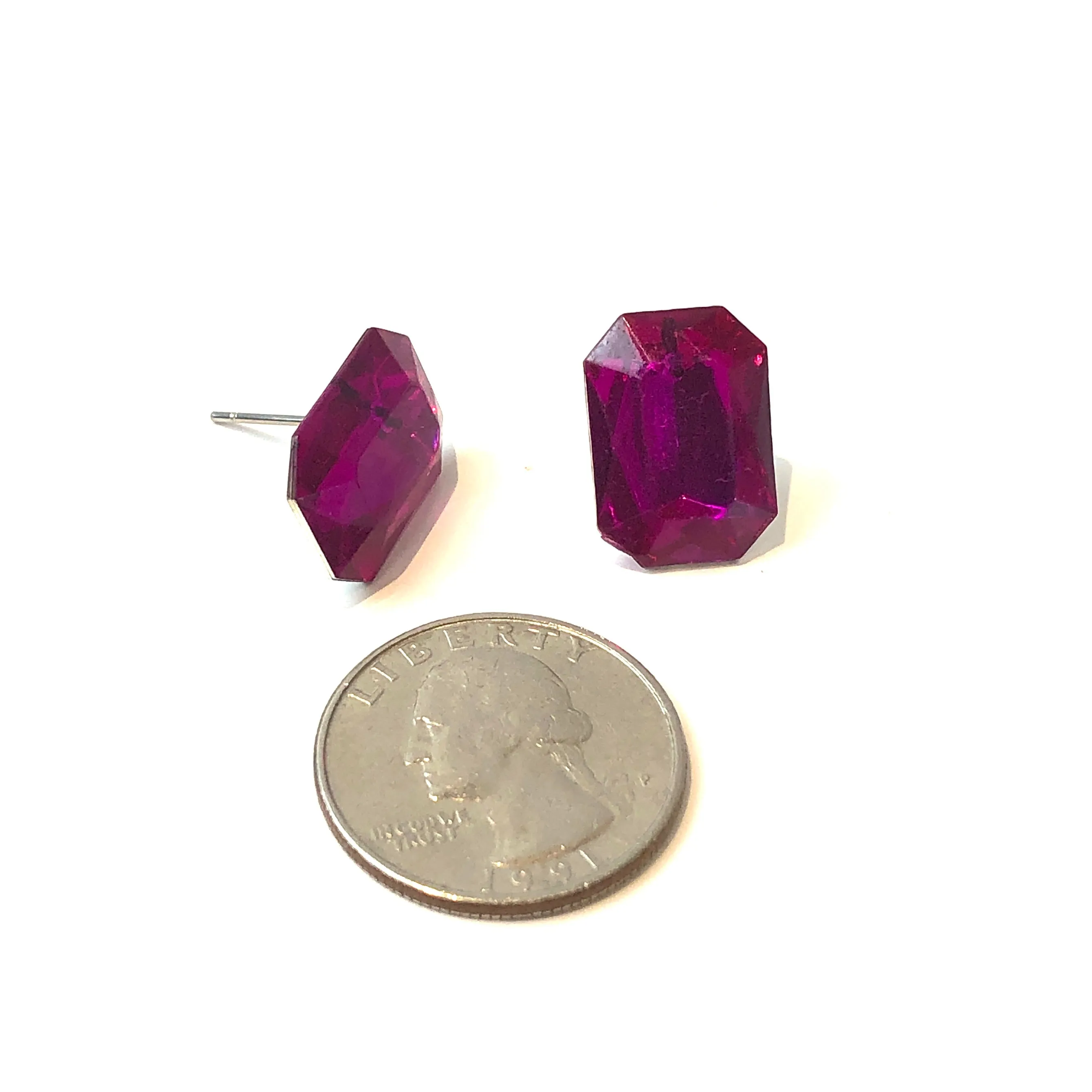 Hot Pink Faceted Rectangle Shine-On Stud Earrings