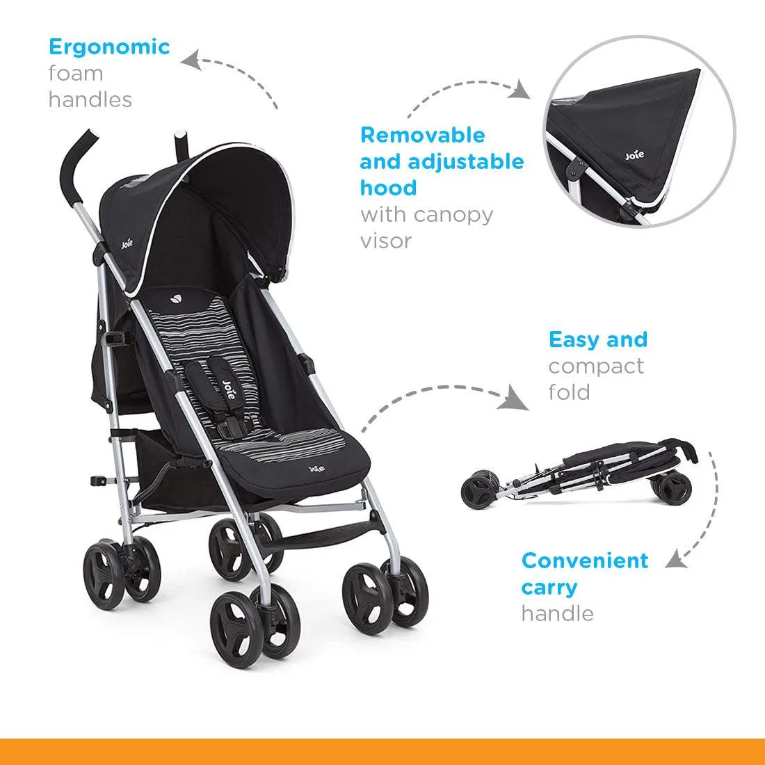 Joie Rapid Stroller Skewed Lines Caviar - Baby Stroller with Compact Umbrella Fold for Ages 0-3 Years