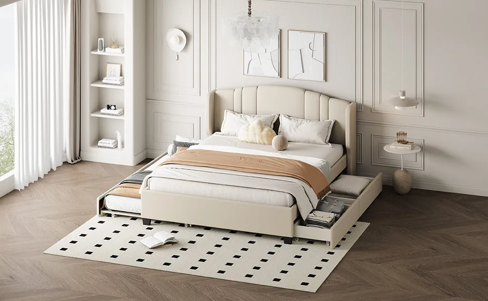 Mali Queen Size Platform Bed with Wingback Headboard - Beige