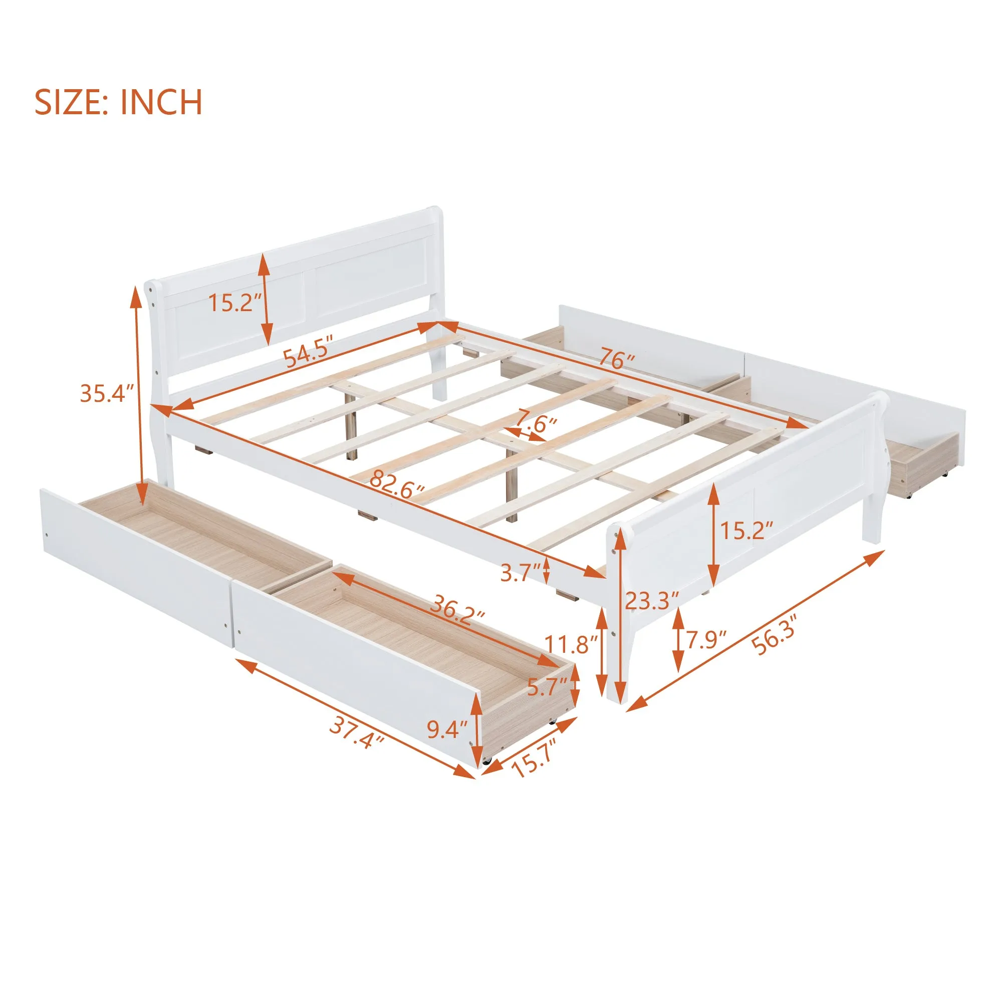 Meg Full Size Wood Platform Bed with 4 Drawers - White