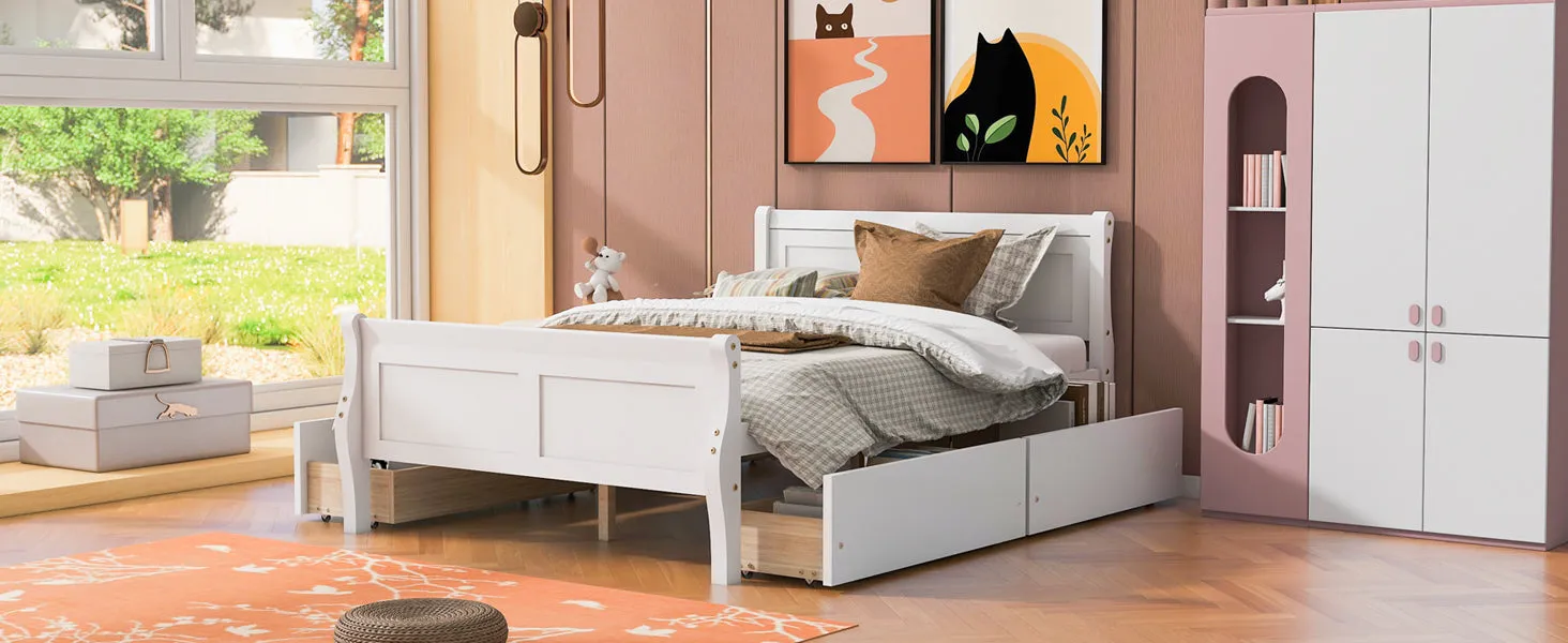 Meg Full Size Wood Platform Bed with 4 Drawers - White