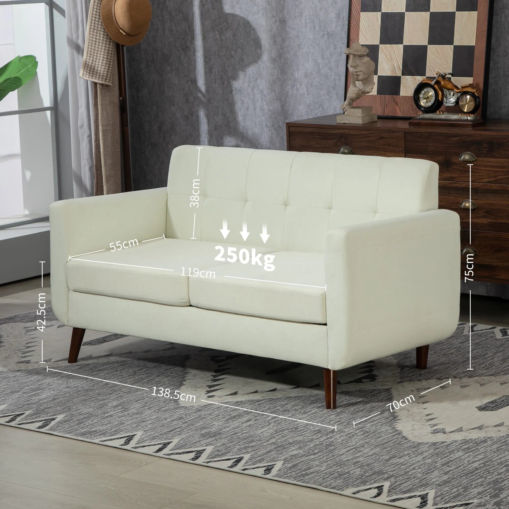 Modern Upholstered Fabric Loveseat Sofa for Living Room, Cream