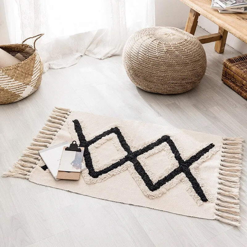 Retro Bohemian Hand Woven Cotton Linen  Tassel Carpet