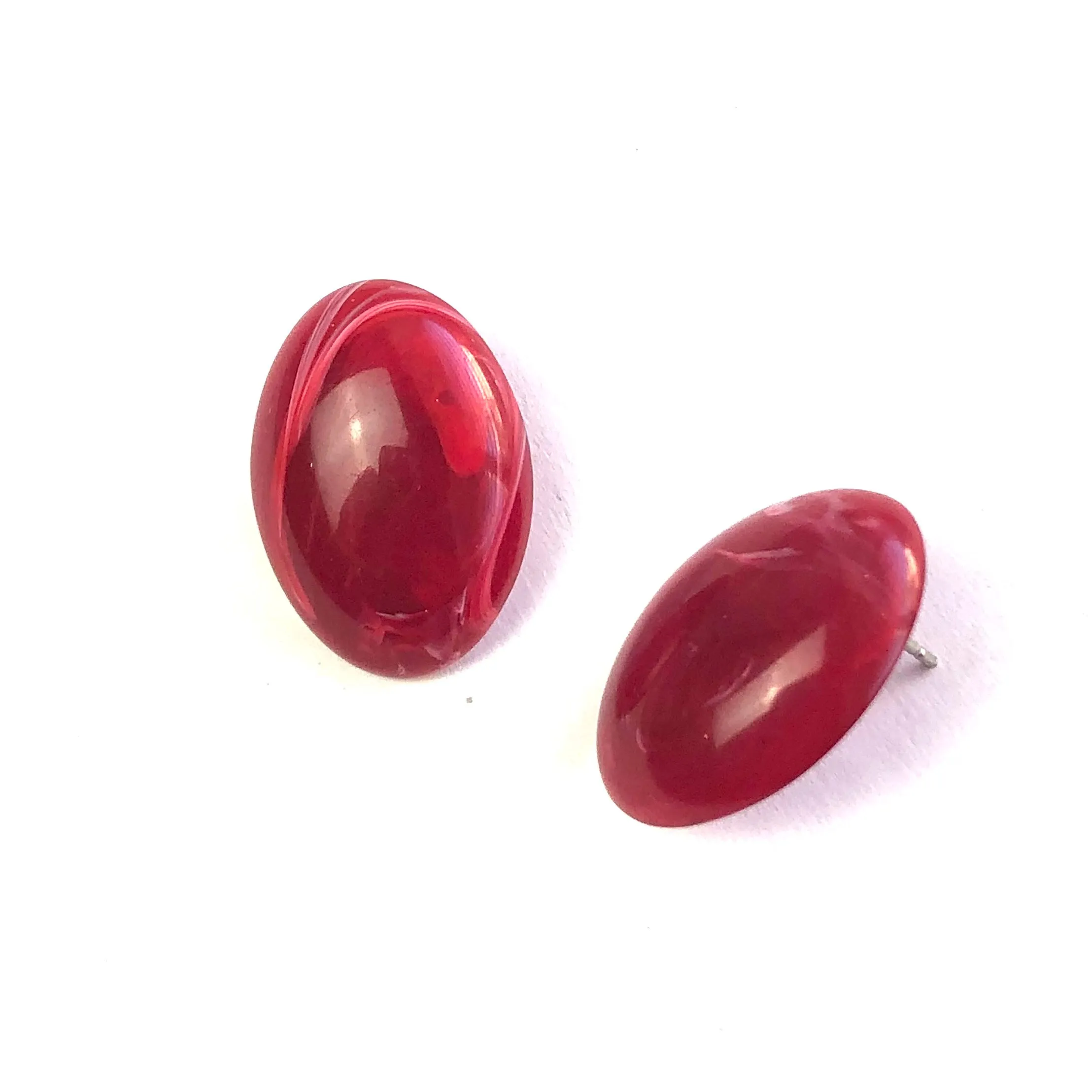 Ruby Red Marbled Oval Lucite Stud Earrings