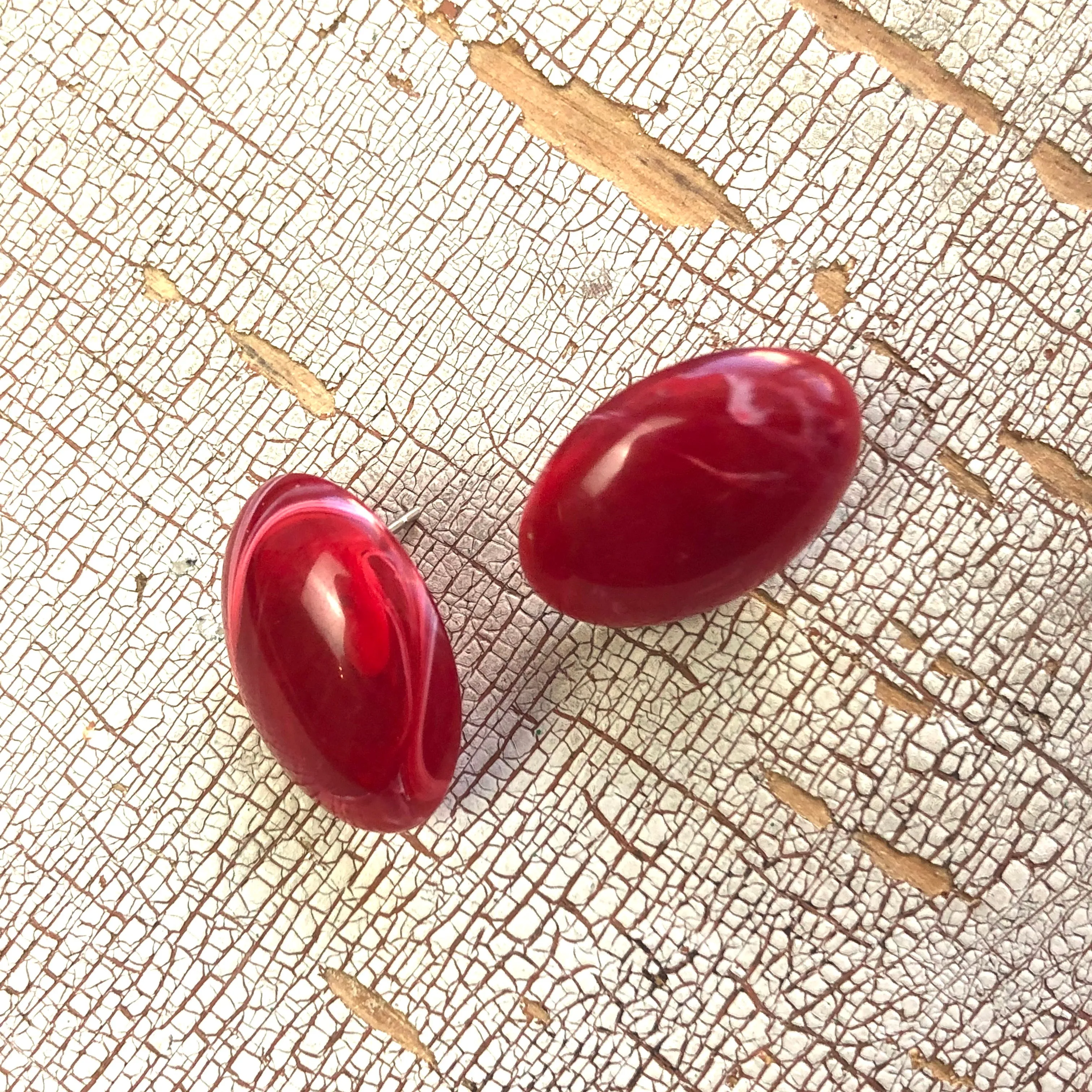 Ruby Red Marbled Oval Lucite Stud Earrings