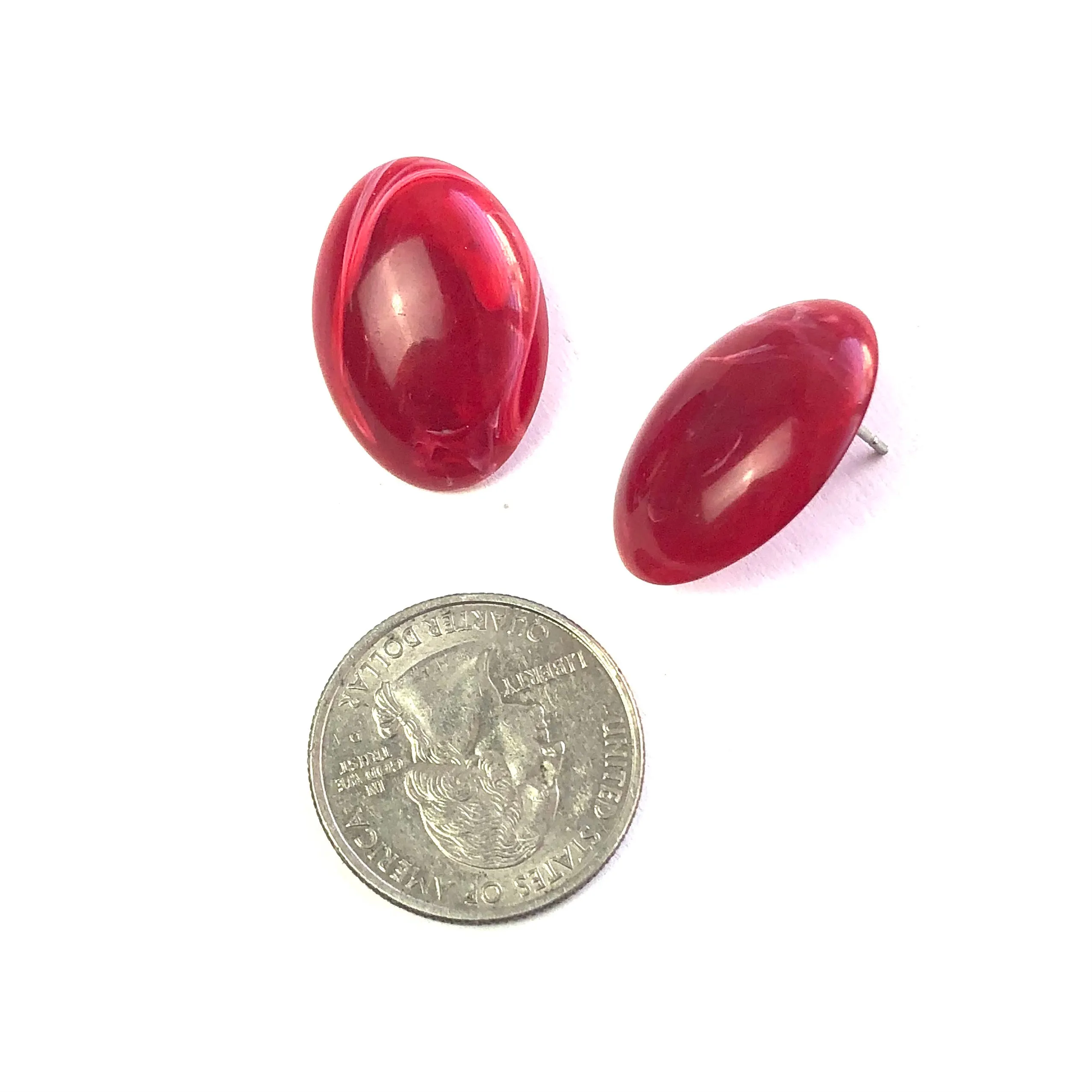 Ruby Red Marbled Oval Lucite Stud Earrings