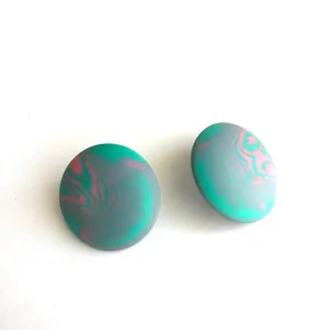 Seafoam Green & Pink Marbled Retro Button Stud Earrings