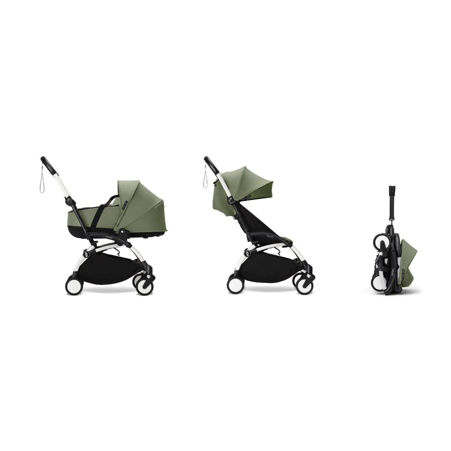 Stokke YOYO³ Newborn Shell 6  Complete Baby Stroller Set - White Frame with Olive Newborn Shell & 6  Color Pack