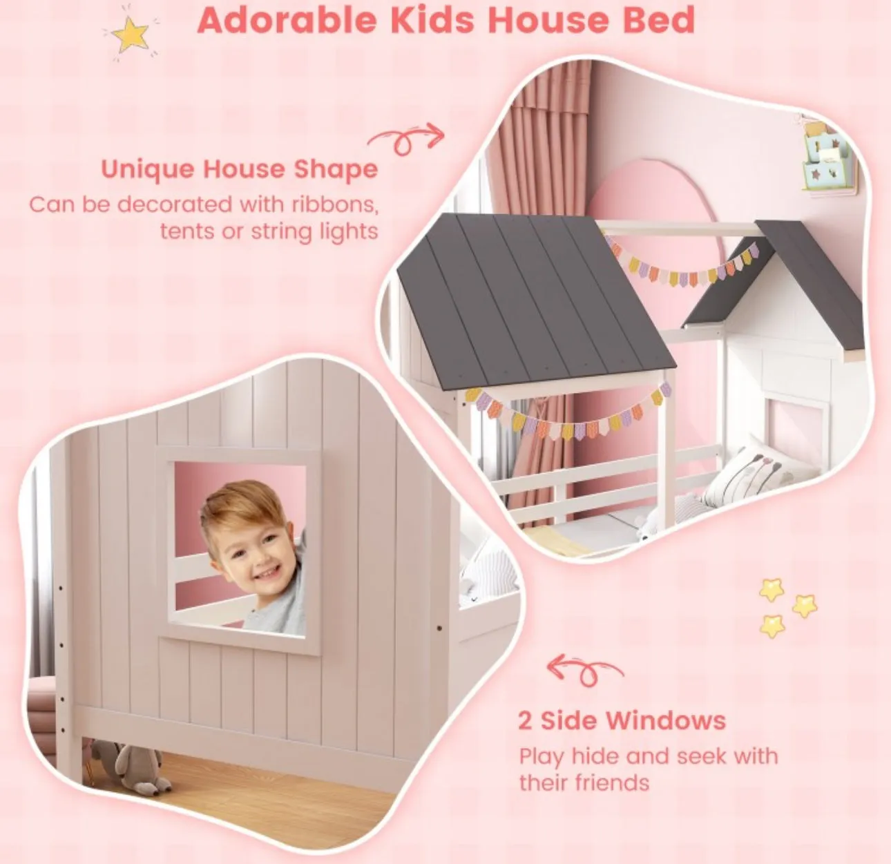 Super Adorable Twin Size Kids Heavy Duty House Bed Low Loft Bed Solid WoodFrame With Roof | 2 Step Ladder | High Guardrails | Under Bed Space | Window Openings | Holds 350lbs