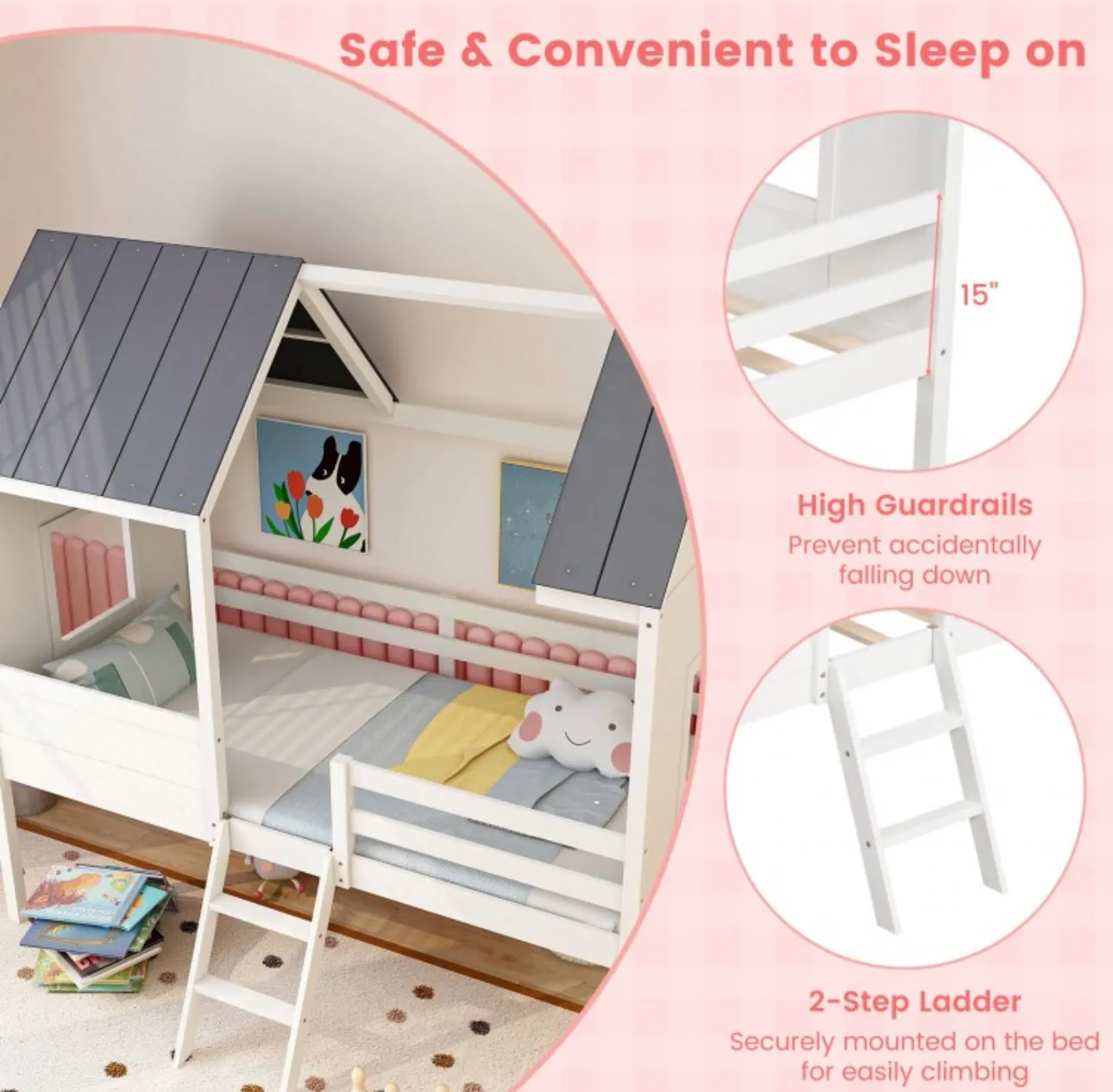 Super Adorable Twin Size Kids Heavy Duty House Bed Low Loft Bed Solid WoodFrame With Roof | 2 Step Ladder | High Guardrails | Under Bed Space | Window Openings | Holds 350lbs