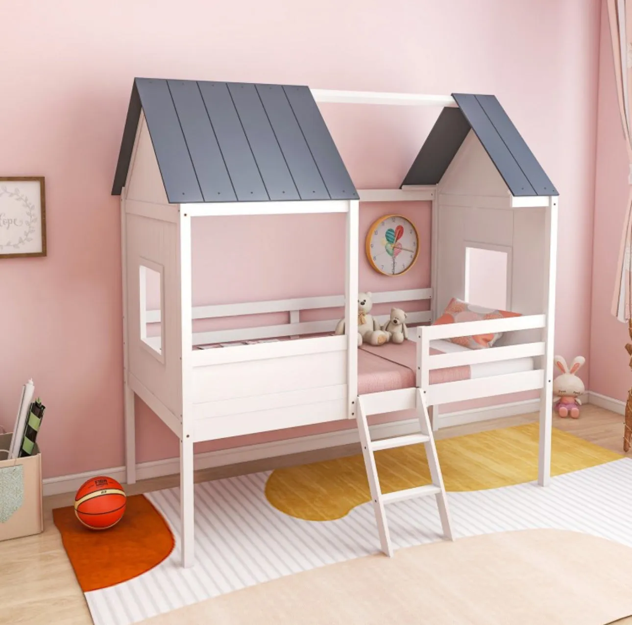 Super Adorable Twin Size Kids Heavy Duty House Bed Low Loft Bed Solid WoodFrame With Roof | 2 Step Ladder | High Guardrails | Under Bed Space | Window Openings | Holds 350lbs