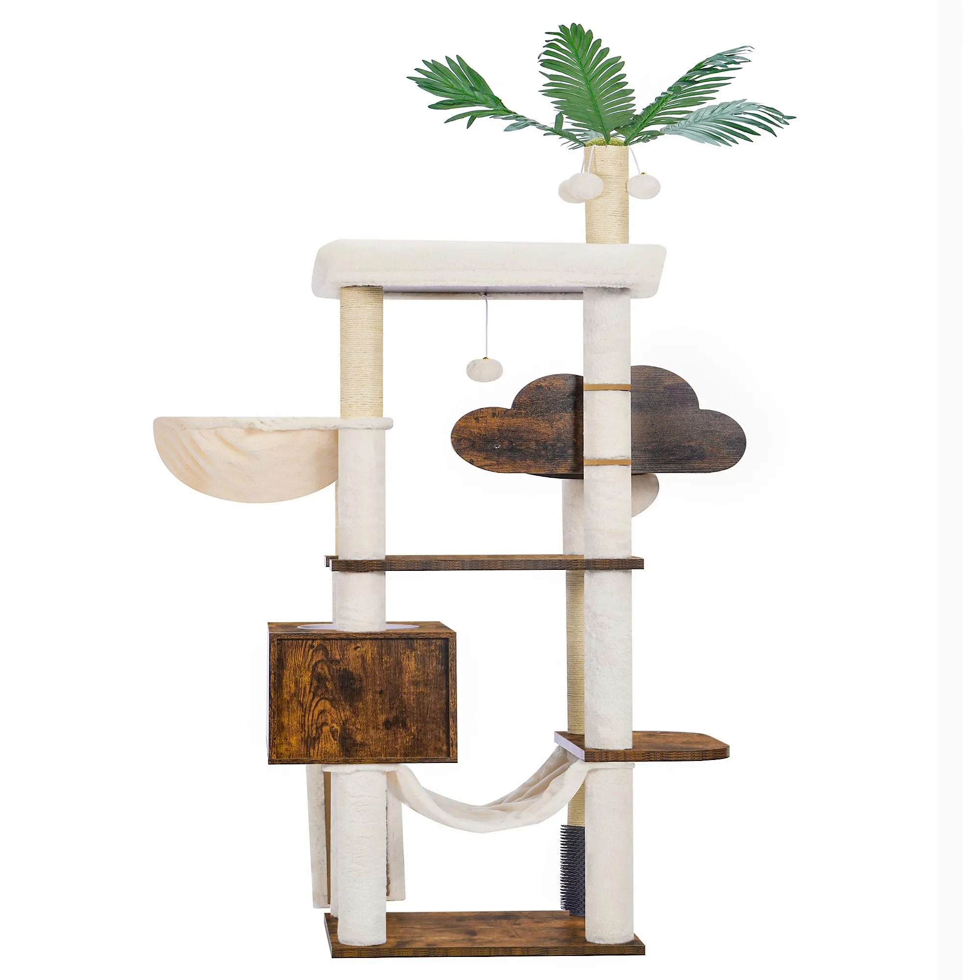 Wood Cat Tree for Indoor Cats, Cat Condo for Large Cats with Self Groomer,Modern Cat Scratching Tower with Basket