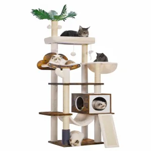 Wood Cat Tree for Indoor Cats, Cat Condo for Large Cats with Self Groomer,Modern Cat Scratching Tower with Basket