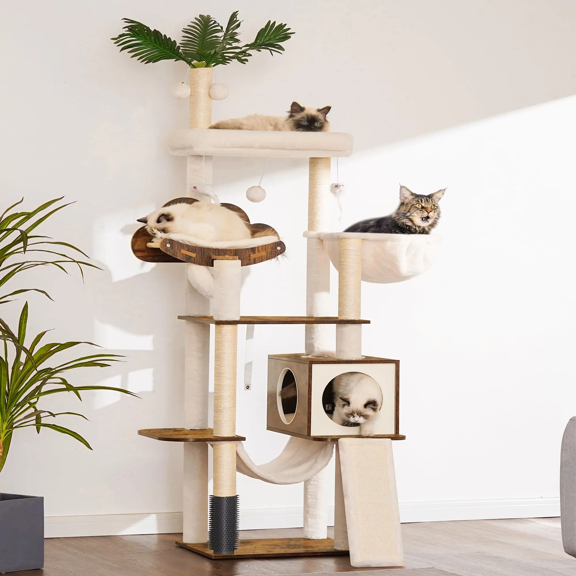 Wood Cat Tree for Indoor Cats, Cat Condo for Large Cats with Self Groomer,Modern Cat Scratching Tower with Basket