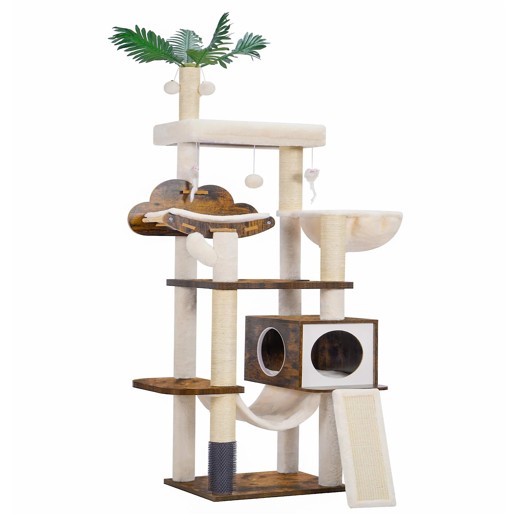 Wood Cat Tree for Indoor Cats, Cat Condo for Large Cats with Self Groomer,Modern Cat Scratching Tower with Basket