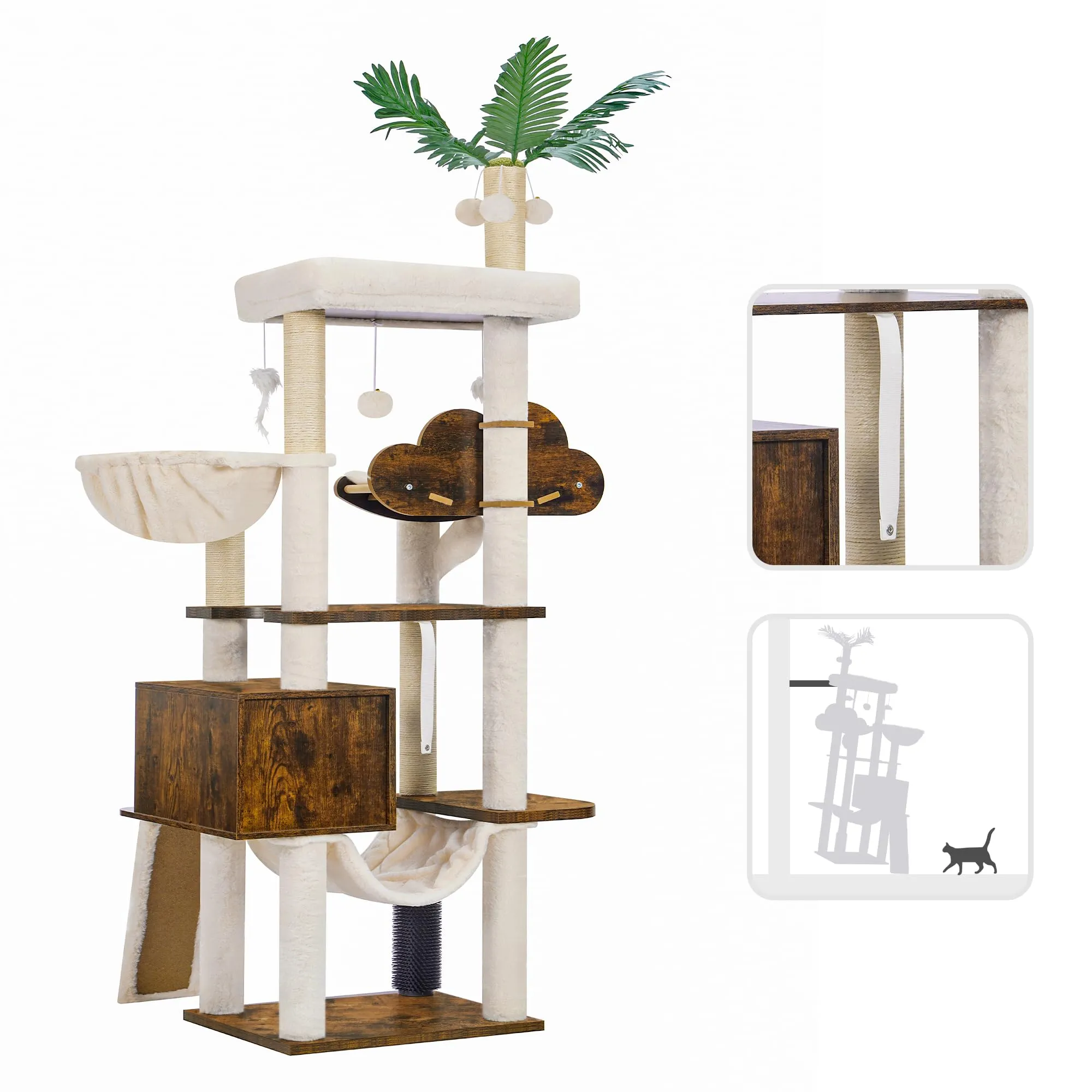 Wood Cat Tree for Indoor Cats, Cat Condo for Large Cats with Self Groomer,Modern Cat Scratching Tower with Basket