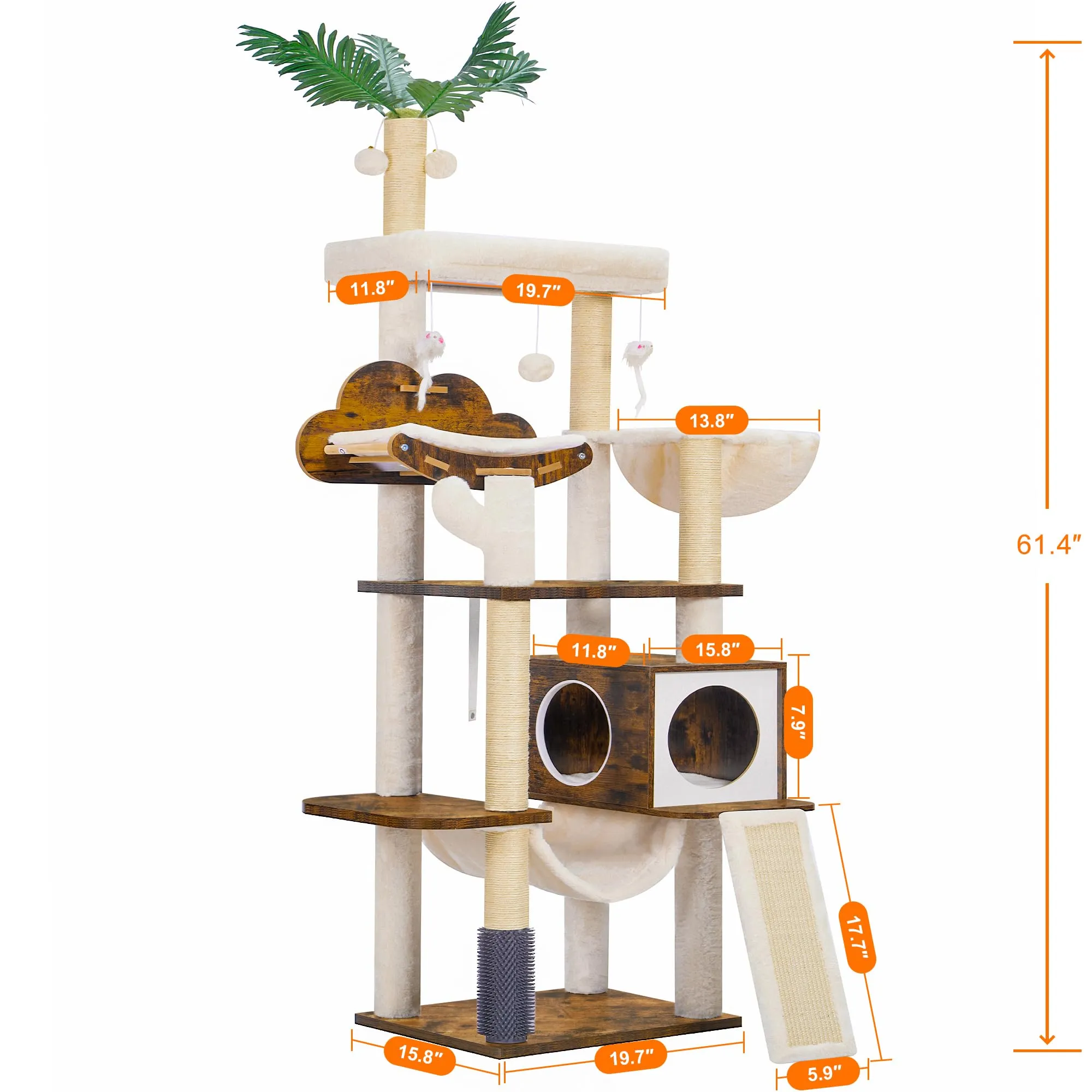 Wood Cat Tree for Indoor Cats, Cat Condo for Large Cats with Self Groomer,Modern Cat Scratching Tower with Basket