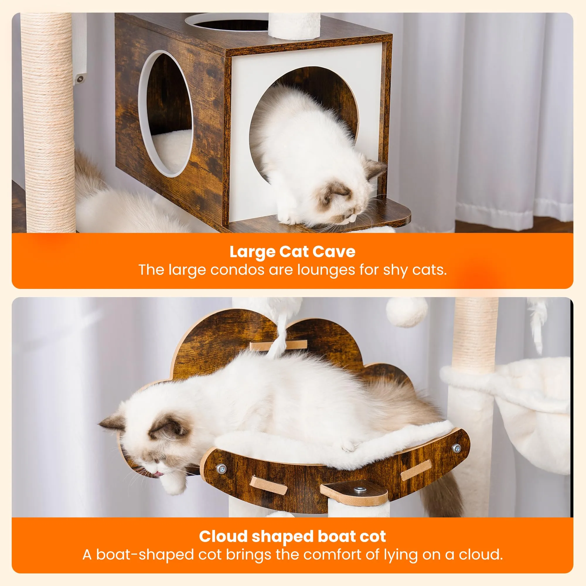 Wood Cat Tree for Indoor Cats, Cat Condo for Large Cats with Self Groomer,Modern Cat Scratching Tower with Basket